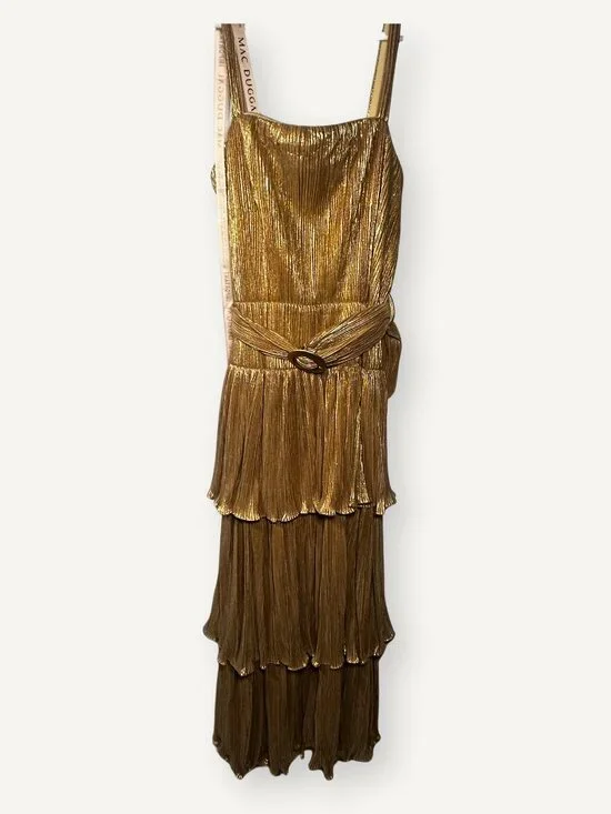 NWT Mac Duggal Antique Gold Pleated Tiered Midi Dress Size 2 - Picture 4 of 6